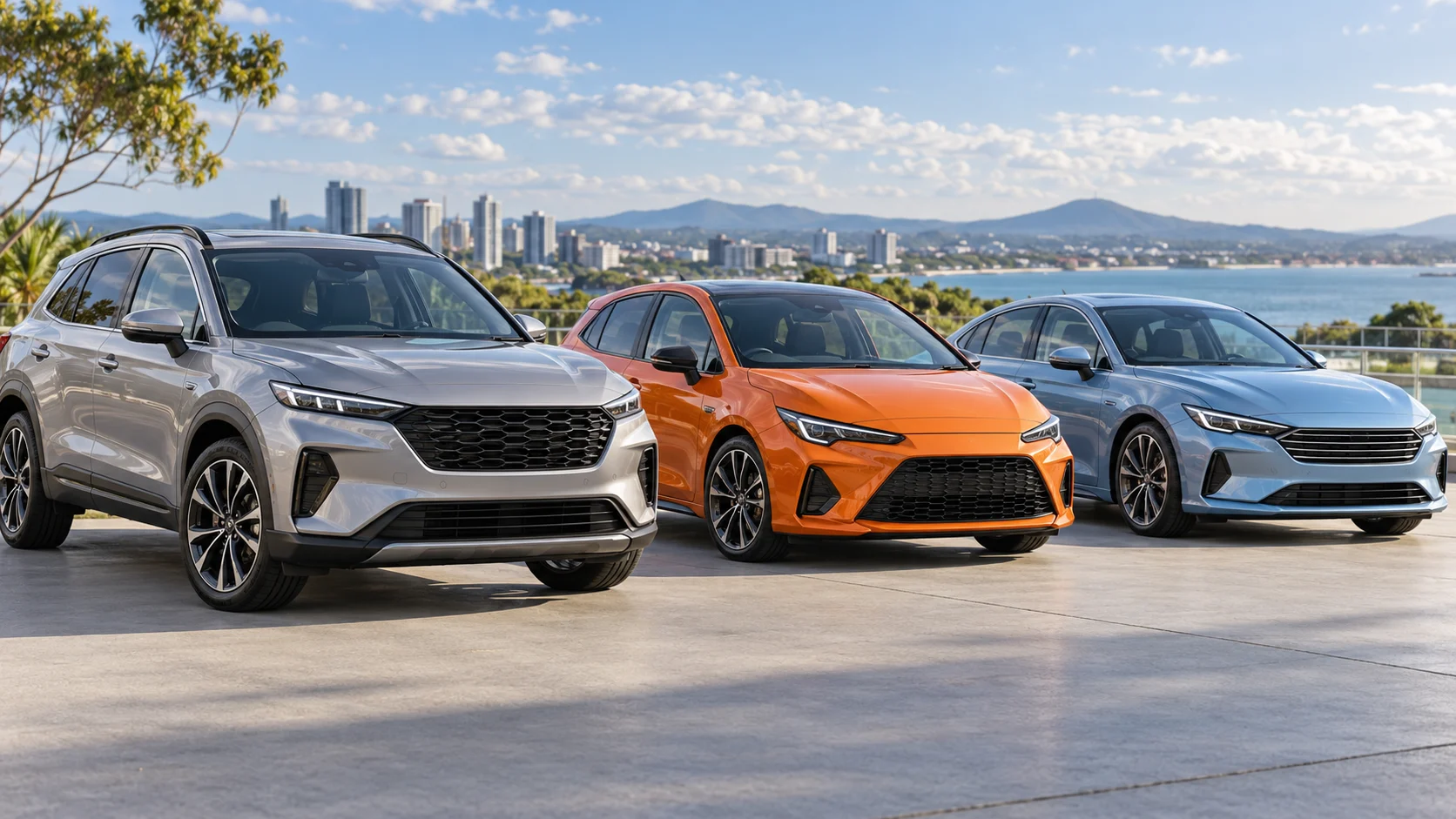 Silver SUV, orange hatchback and blue sedan on a forecourt