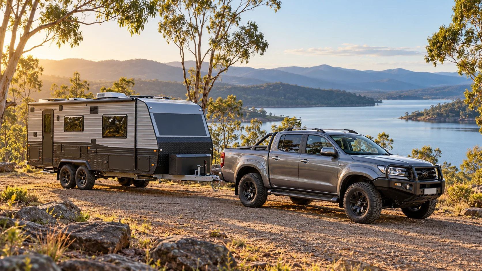 A dual-cab ute and charcoal caravan beside a Queensland lake